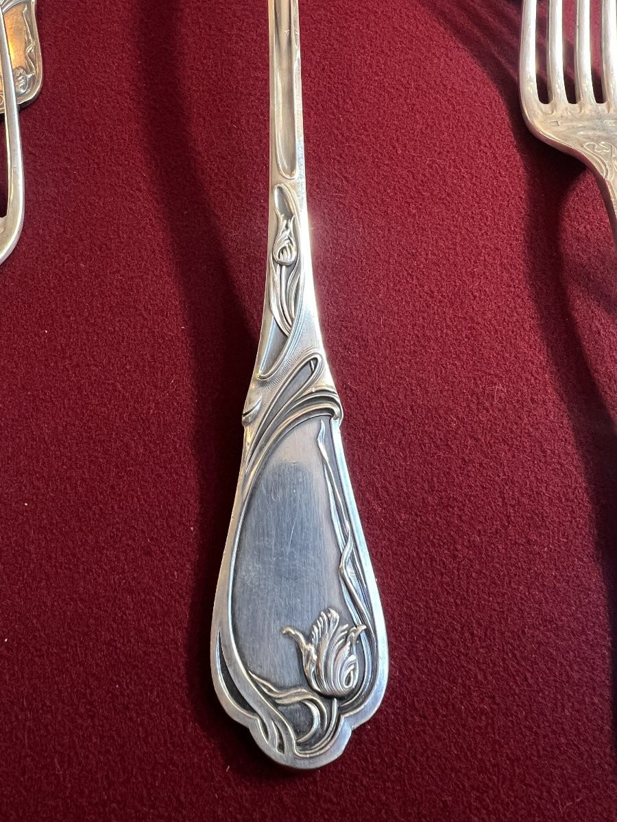 Ménagère de luxe  Art Nouveau en métal argenté, SAGLIER Frères, modèle Tulipe, 85 pièces-photo-3
