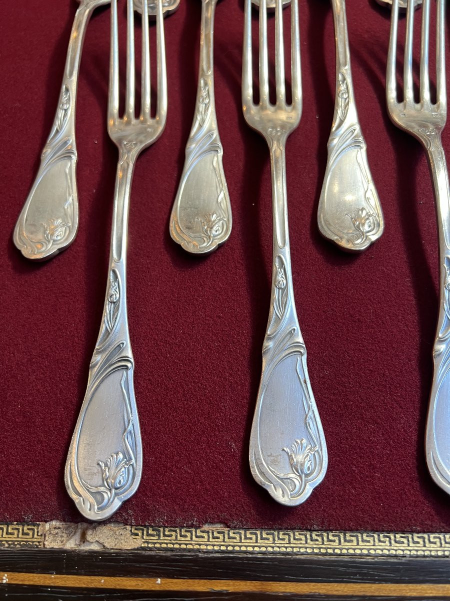 Ménagère de luxe  Art Nouveau en métal argenté, SAGLIER Frères, modèle Tulipe, 85 pièces-photo-4