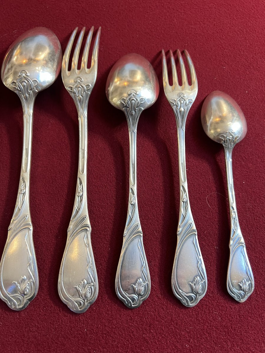 Ménagère de luxe  Art Nouveau en métal argenté, SAGLIER Frères, modèle Tulipe, 85 pièces-photo-6