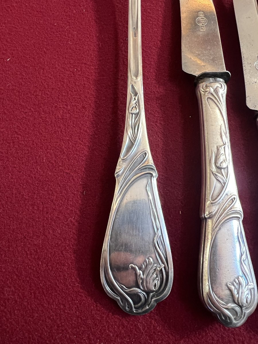 Ménagère de luxe  Art Nouveau en métal argenté, SAGLIER Frères, modèle Tulipe, 85 pièces-photo-7