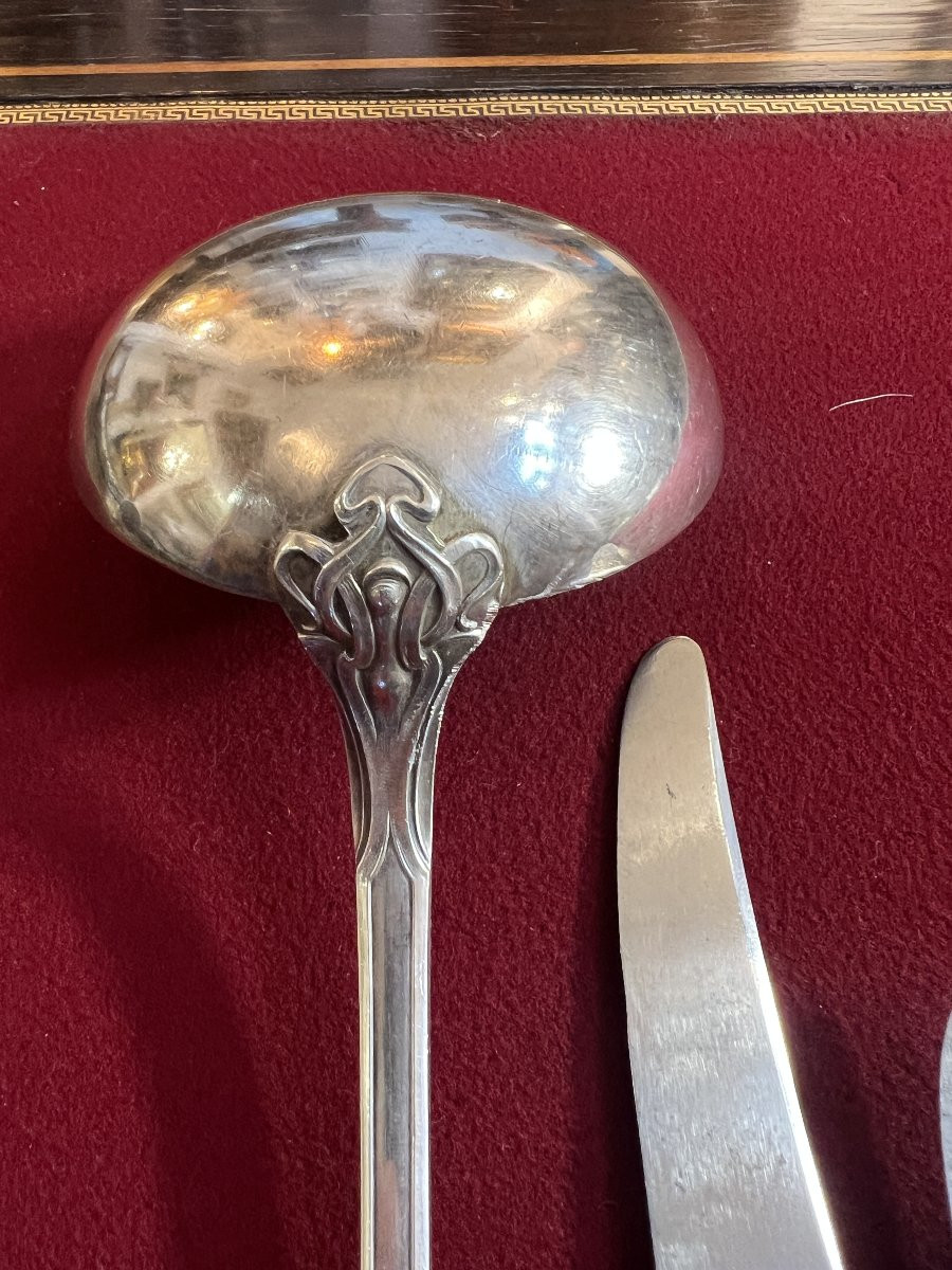 Ménagère de luxe  Art Nouveau en métal argenté, SAGLIER Frères, modèle Tulipe, 85 pièces-photo-8
