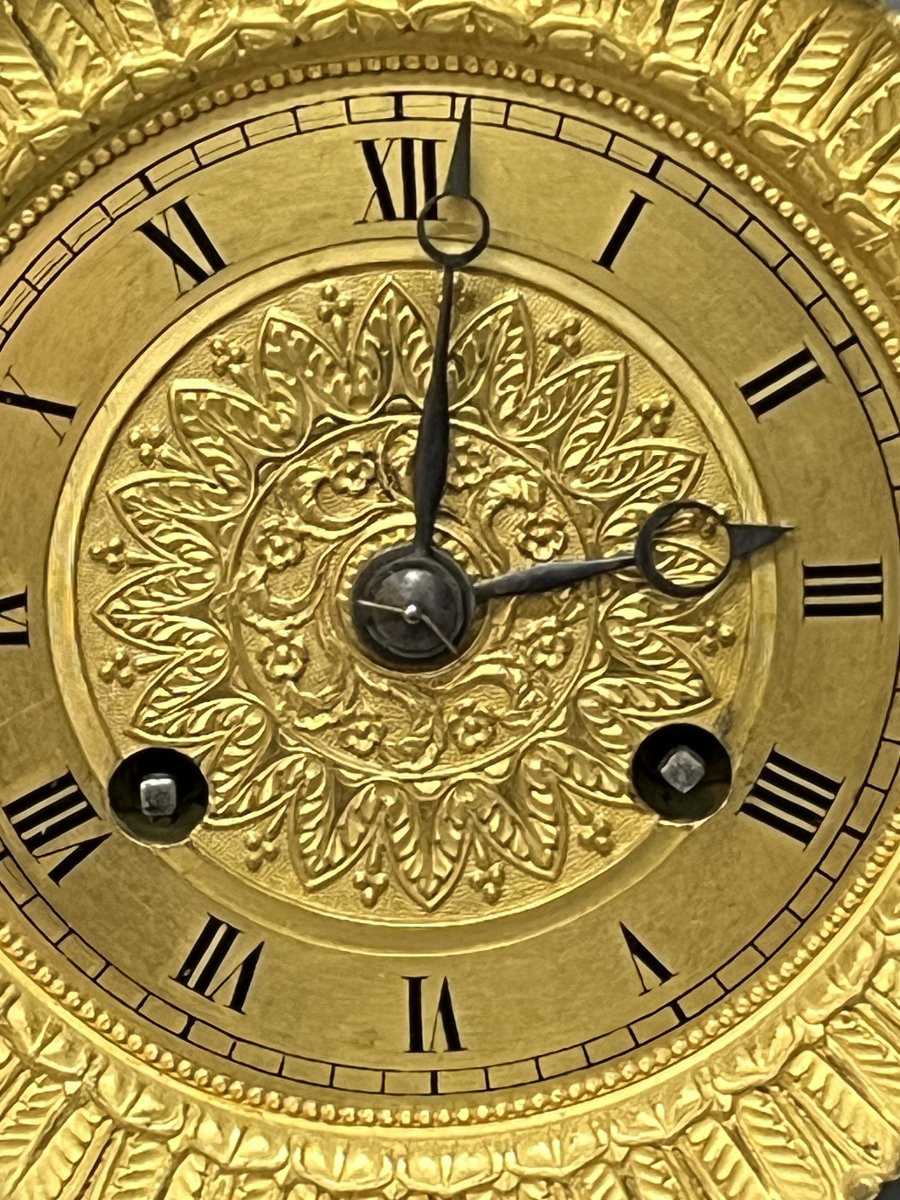 Empire Clock With 4 Columns, Pendulum, In Blackened Wood With Mercury-gilt Bronzes.-photo-3