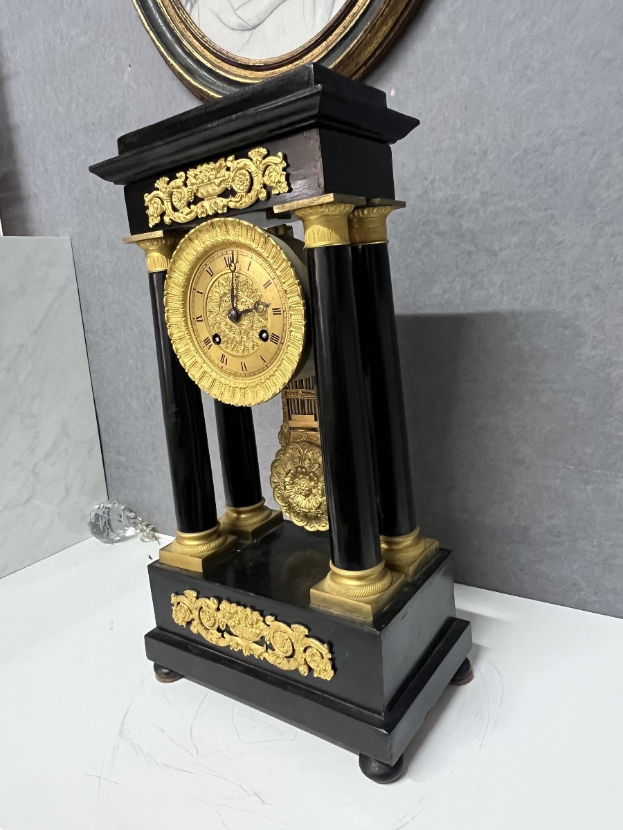 Empire Clock With 4 Columns, Pendulum, In Blackened Wood With Mercury-gilt Bronzes.-photo-6