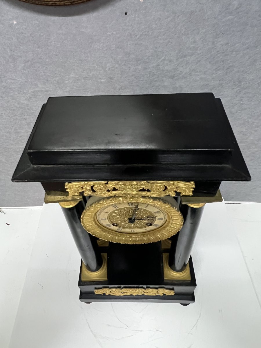 Empire Clock With 4 Columns, Pendulum, In Blackened Wood With Mercury-gilt Bronzes.-photo-7