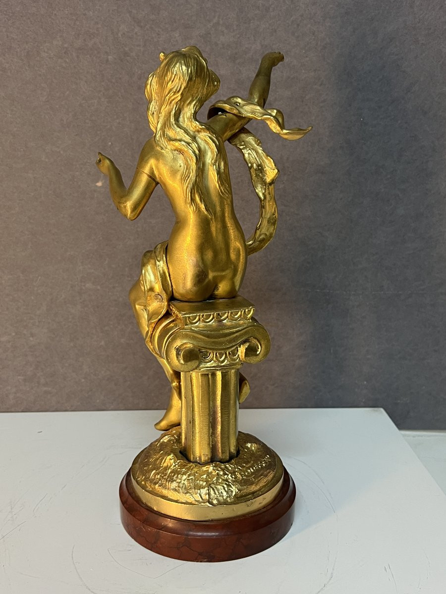 Sculpture en bronze doré signé E. Rousseau, jeune femme nué assise sur un chapiteau, XIXe-photo-4