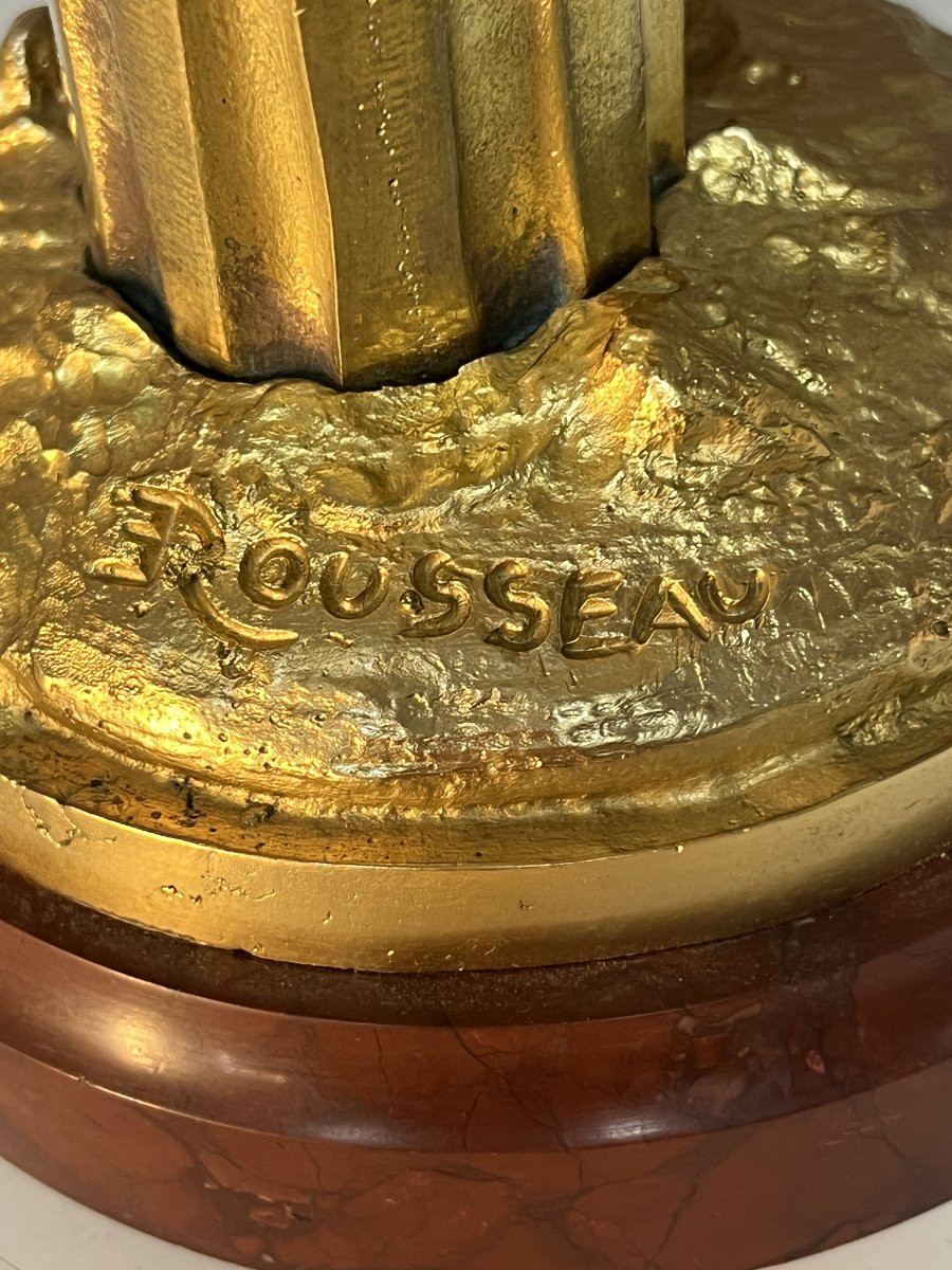 Sculpture en bronze doré signé E. Rousseau, jeune femme nué assise sur un chapiteau, XIXe-photo-7