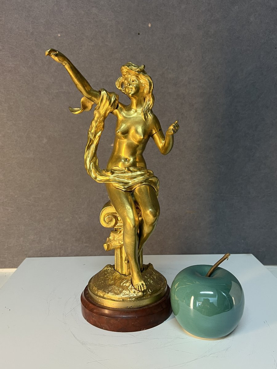 Sculpture en bronze doré signé E. Rousseau, jeune femme nué assise sur un chapiteau, XIXe-photo-8