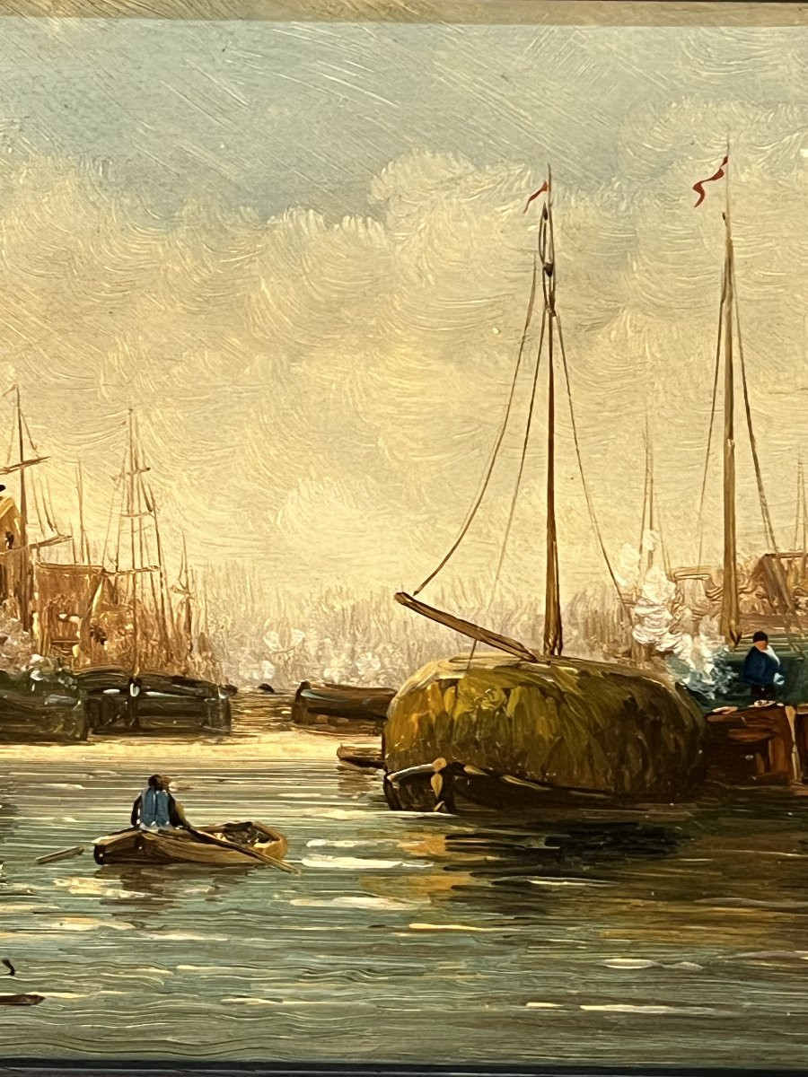 Willem Matthijs Maris (1872-1929), Peinture huile sur panneau, décor de bateaux dans un port-photo-3