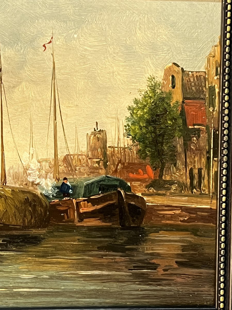 Willem Matthijs Maris (1872-1929), Peinture huile sur panneau, décor de bateaux dans un port-photo-4