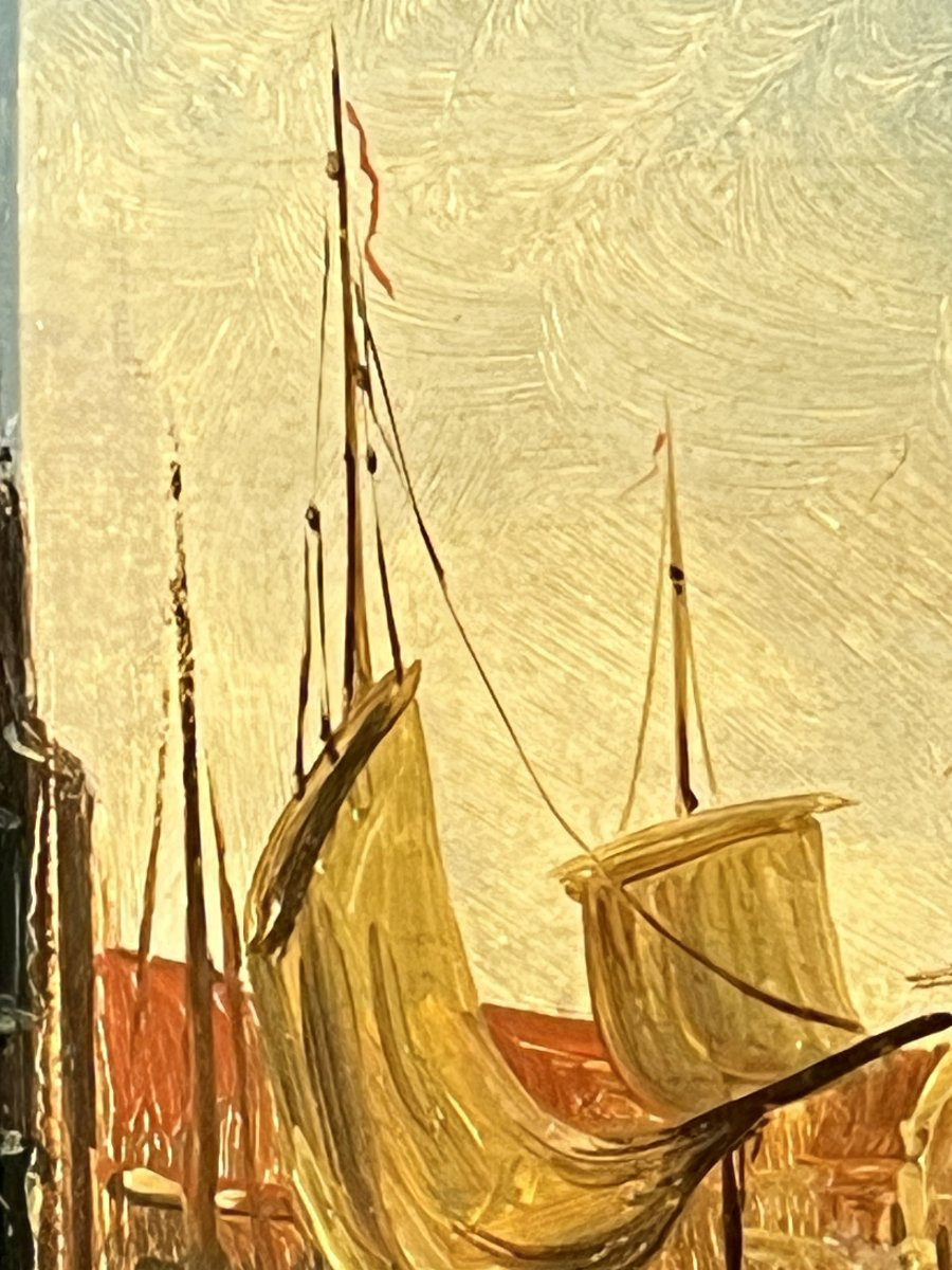 Willem Matthijs Maris (1872-1929), Peinture huile sur panneau, décor de bateaux dans un port-photo-6