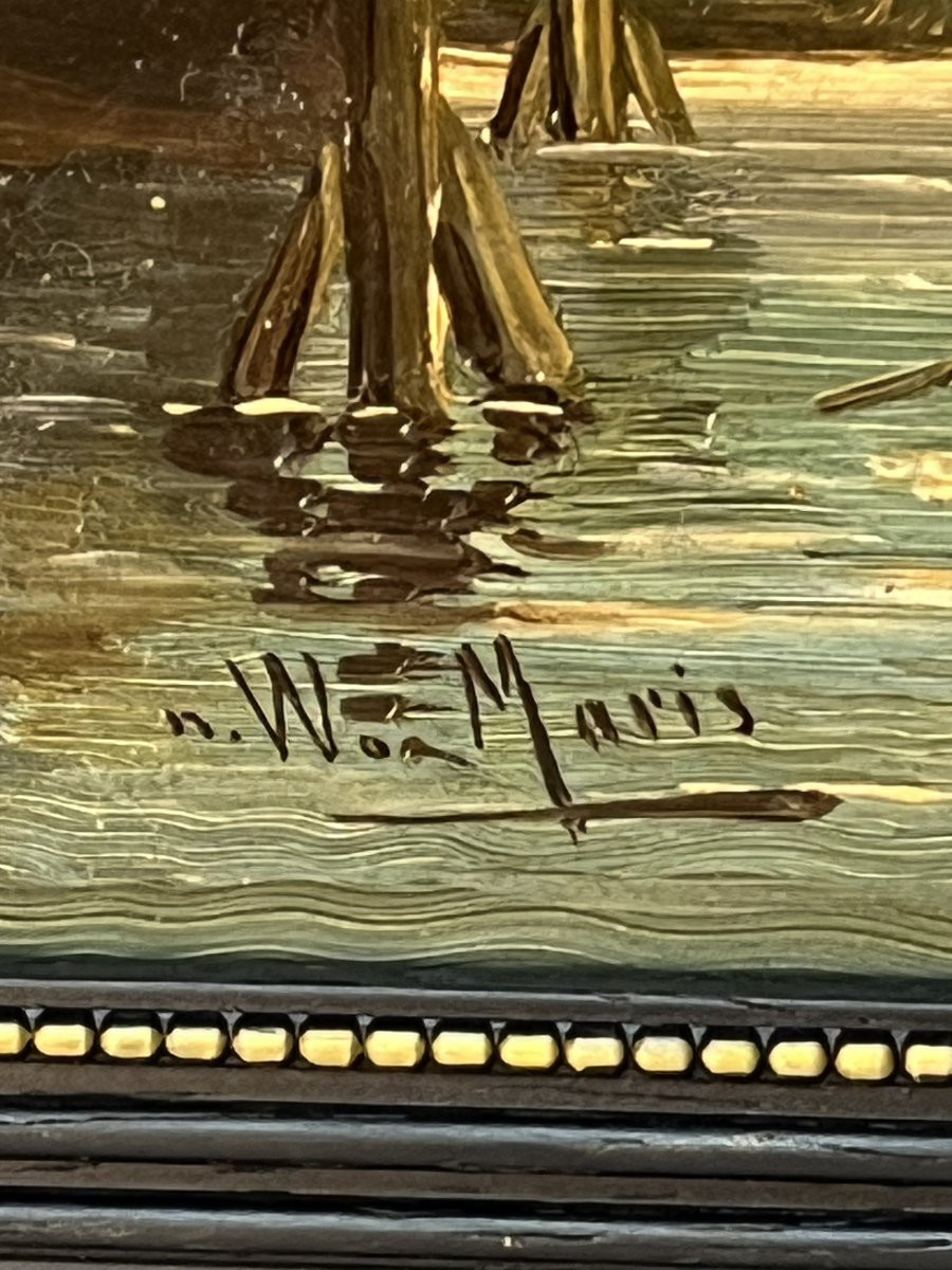 Willem Matthijs Maris (1872-1929), Peinture huile sur panneau, décor de bateaux dans un port-photo-7