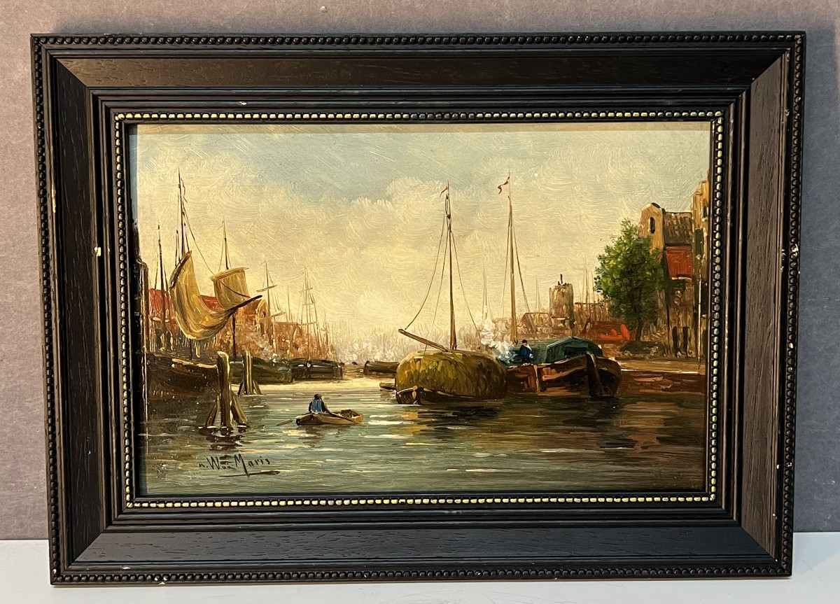 Willem Matthijs Maris (1872-1929), Peinture huile sur panneau, décor de bateaux dans un port
