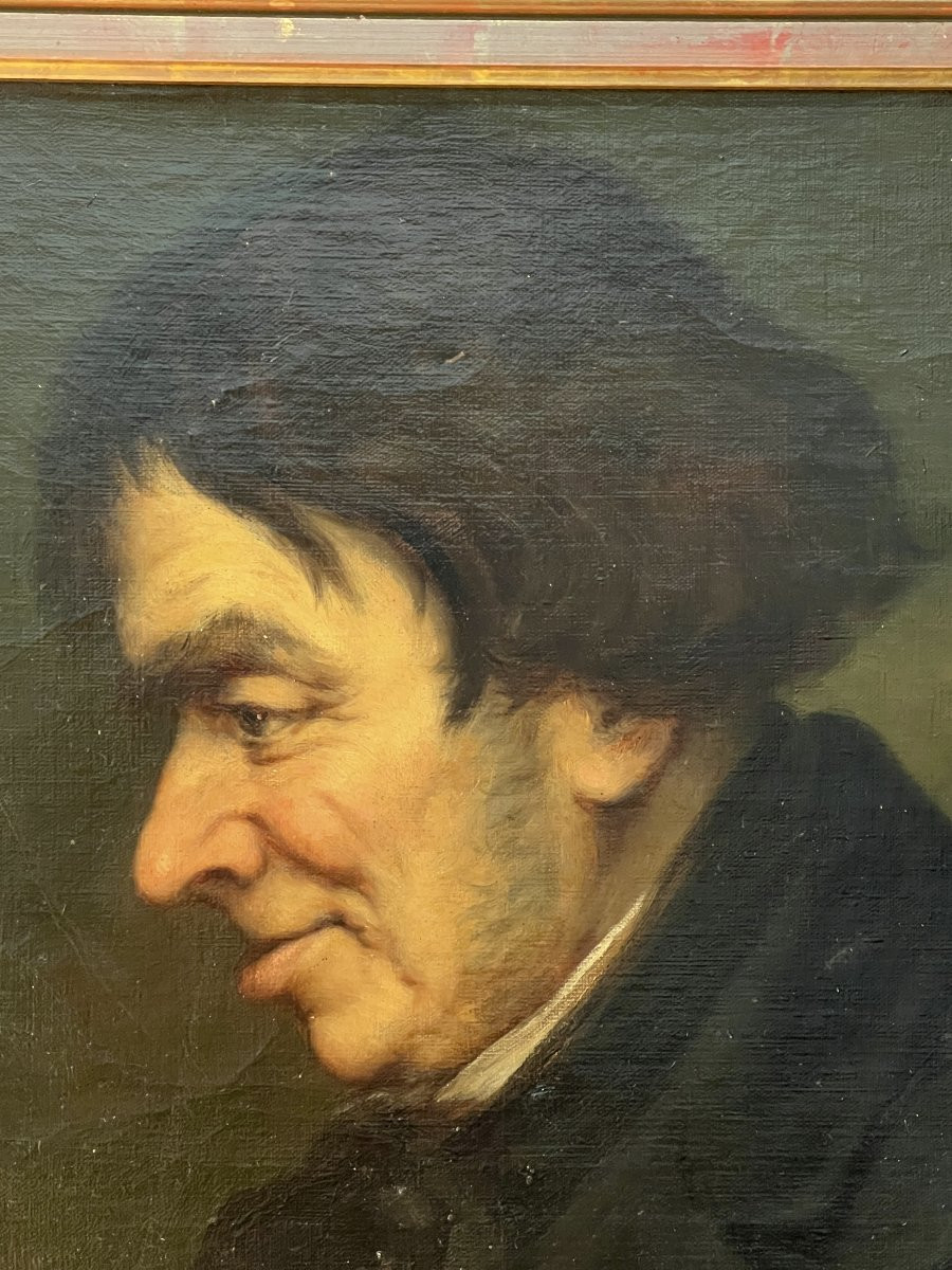 tableau peinture à l’huile sur toile d’une grande finesse, portrait d'un homme de profil, XIXe-photo-2