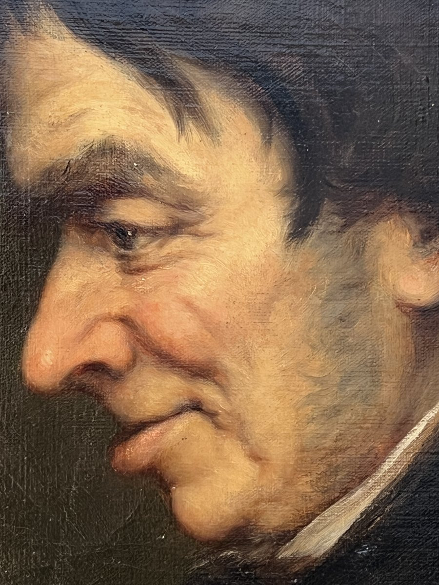 tableau peinture à l’huile sur toile d’une grande finesse, portrait d'un homme de profil, XIXe-photo-3