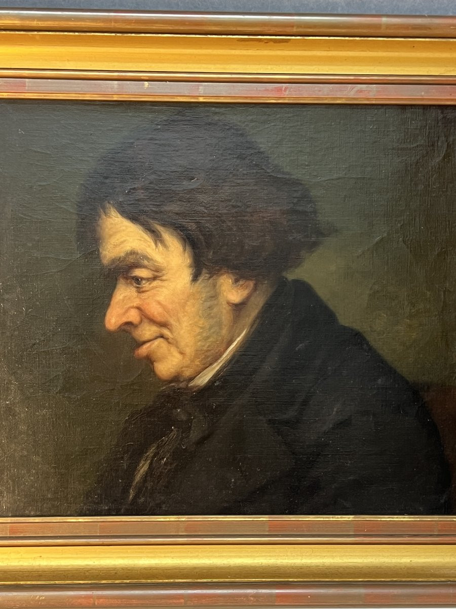 tableau peinture à l’huile sur toile d’une grande finesse, portrait d'un homme de profil, XIXe-photo-1