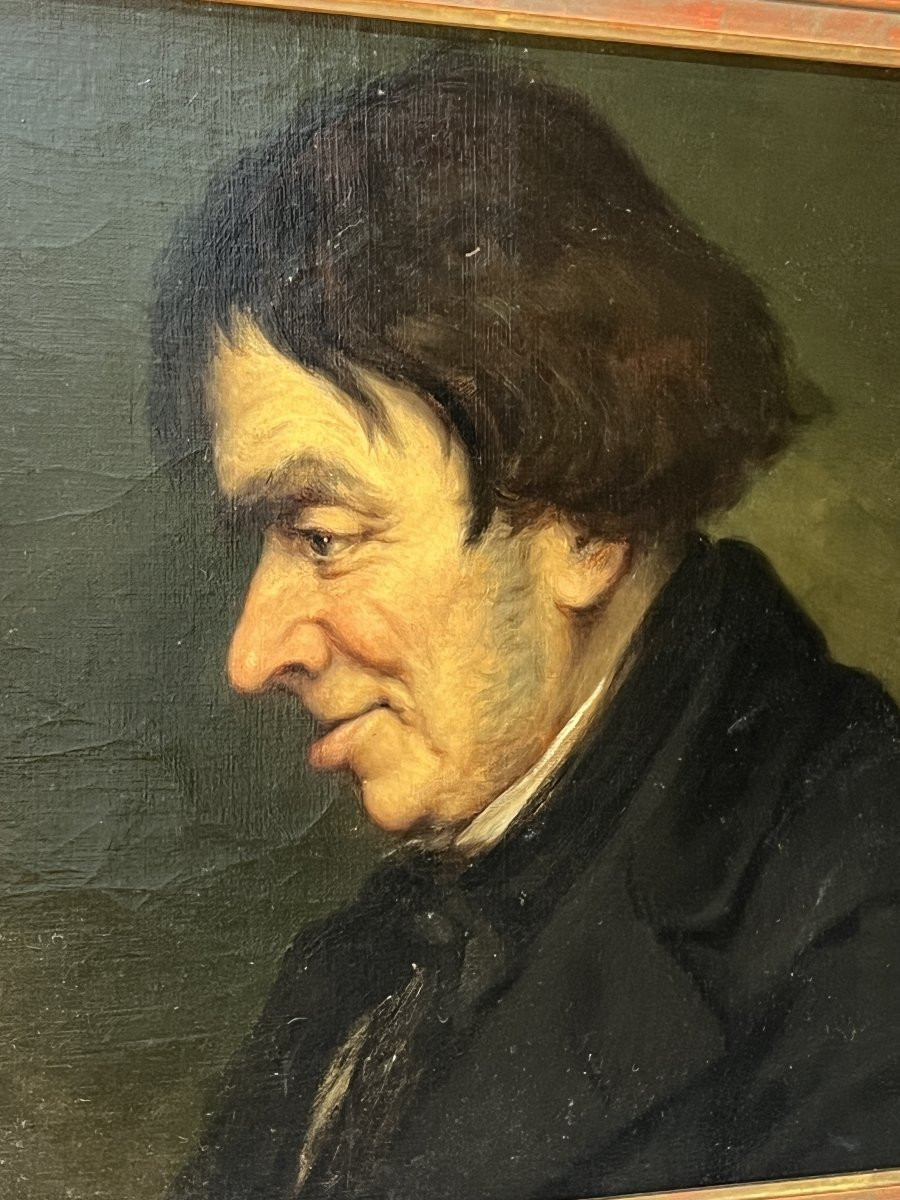 tableau peinture à l’huile sur toile d’une grande finesse, portrait d'un homme de profil, XIXe-photo-7