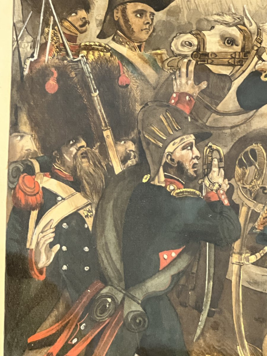 Gouache ancienne représentant la bataille de Waterloo, dans un encadrement époque restauration-photo-4