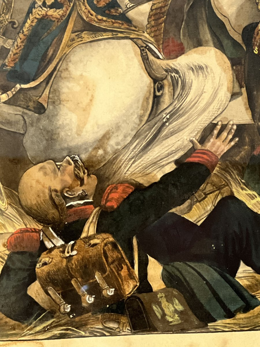 Gouache ancienne représentant la bataille de Waterloo, dans un encadrement époque restauration-photo-4