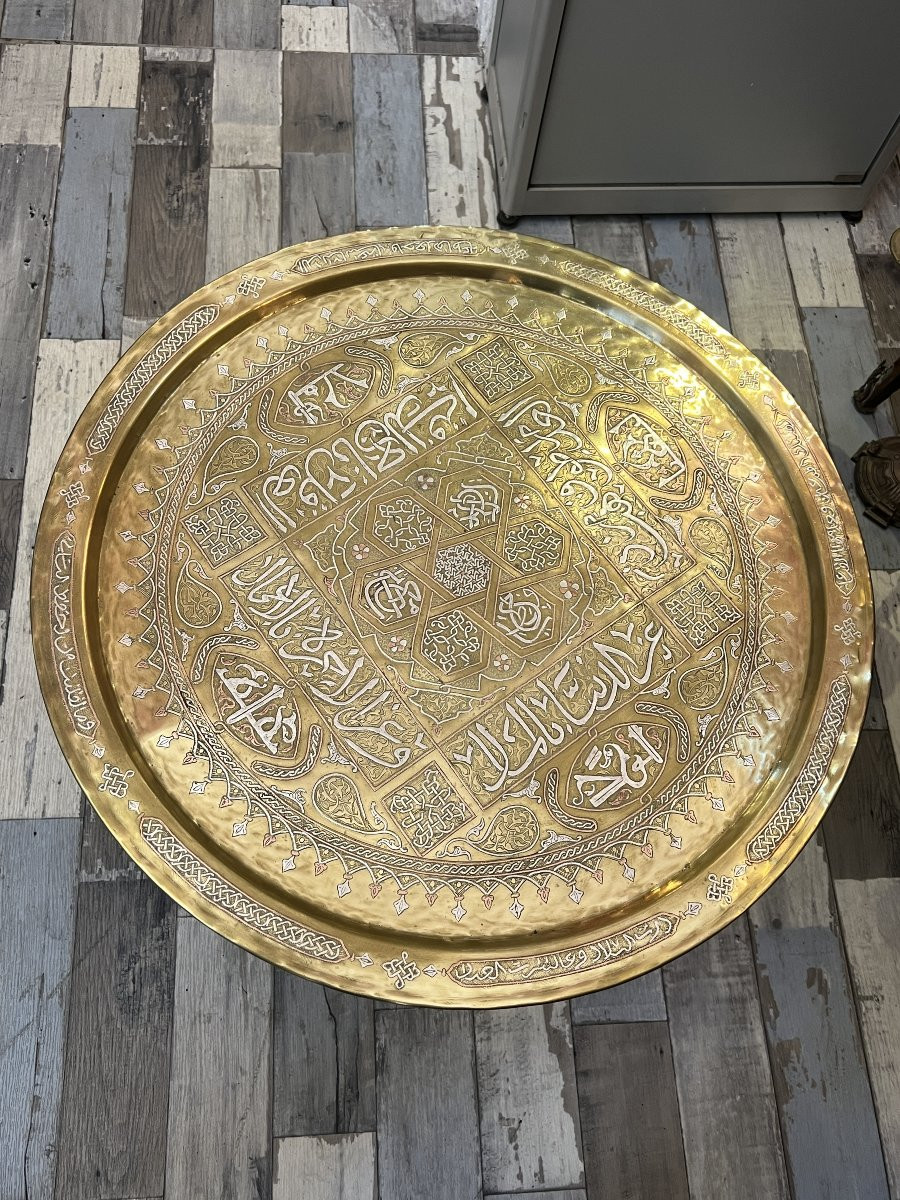 Plateau de cérémonie orientale de grande qualité en cuivre et argent, XIXe siècle, Iran Syrie-photo-2