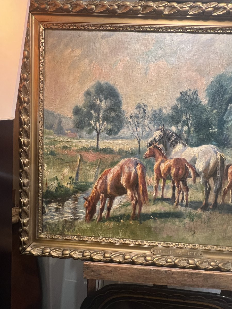 "mares And Their Foals" By Raymond Louis Lecourt (1882-1946), Oil On Antique Canvas-photo-2