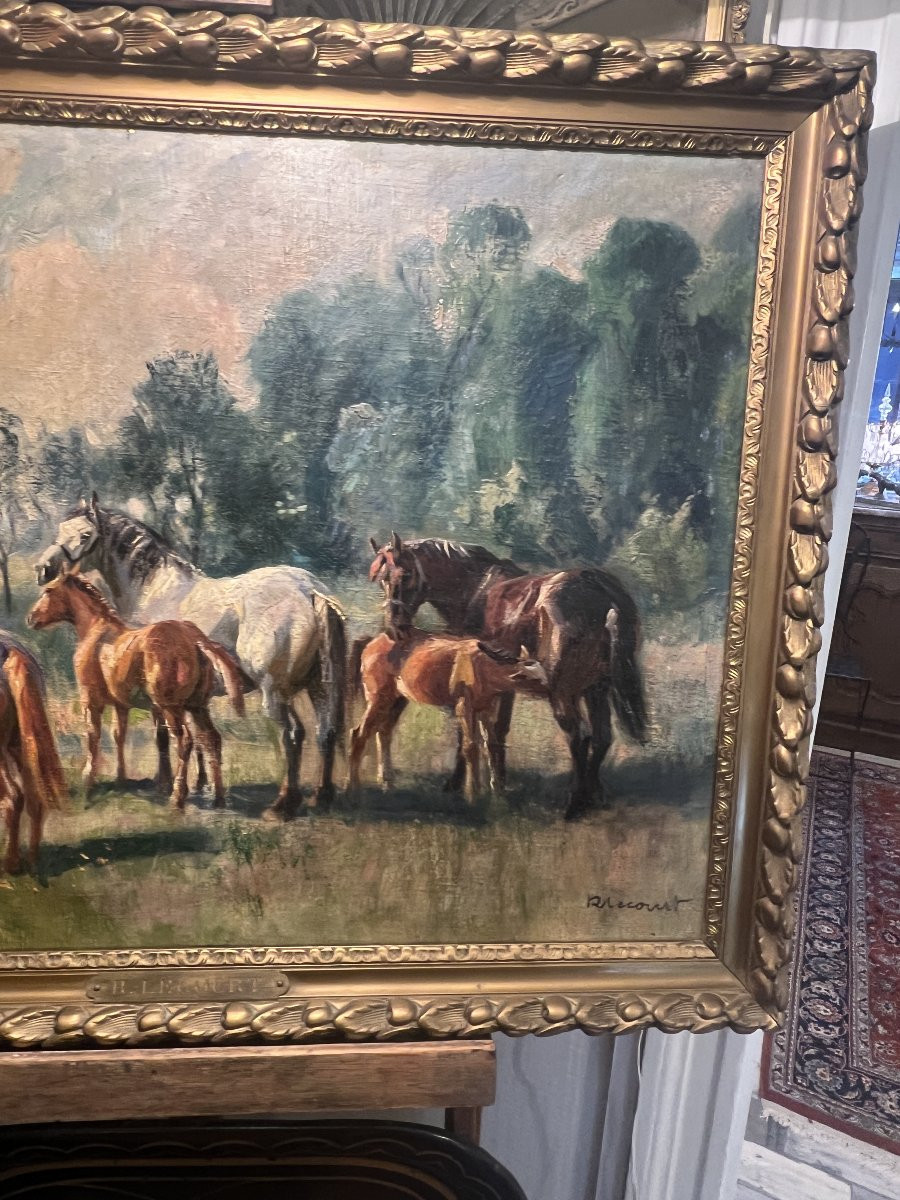 "mares And Their Foals" By Raymond Louis Lecourt (1882-1946), Oil On Antique Canvas-photo-4