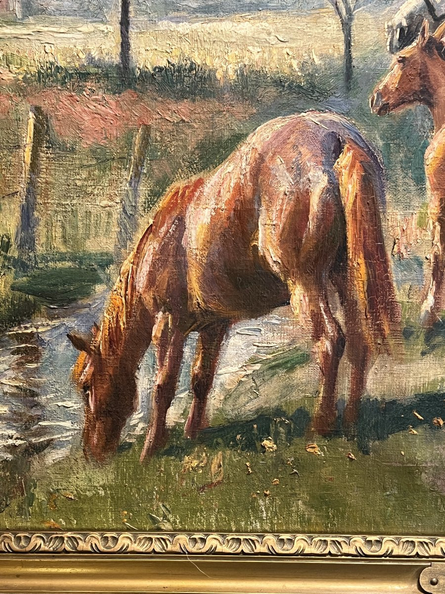 "mares And Their Foals" By Raymond Louis Lecourt (1882-1946), Oil On Antique Canvas-photo-1