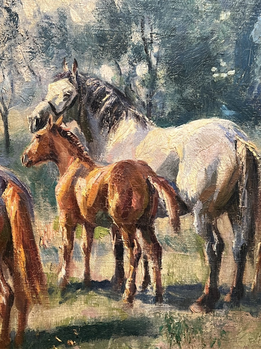 "mares And Their Foals" By Raymond Louis Lecourt (1882-1946), Oil On Antique Canvas-photo-2