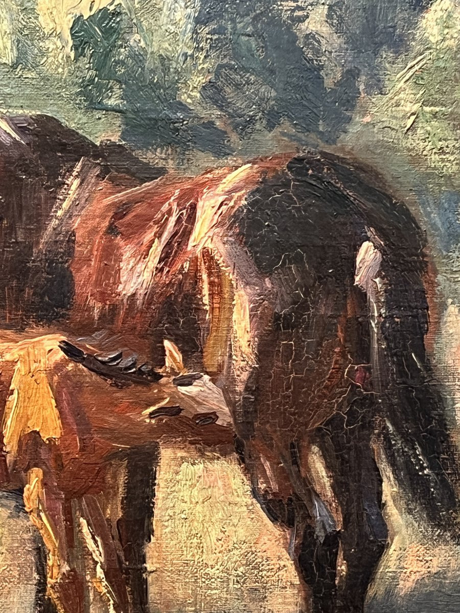 "mares And Their Foals" By Raymond Louis Lecourt (1882-1946), Oil On Antique Canvas-photo-6