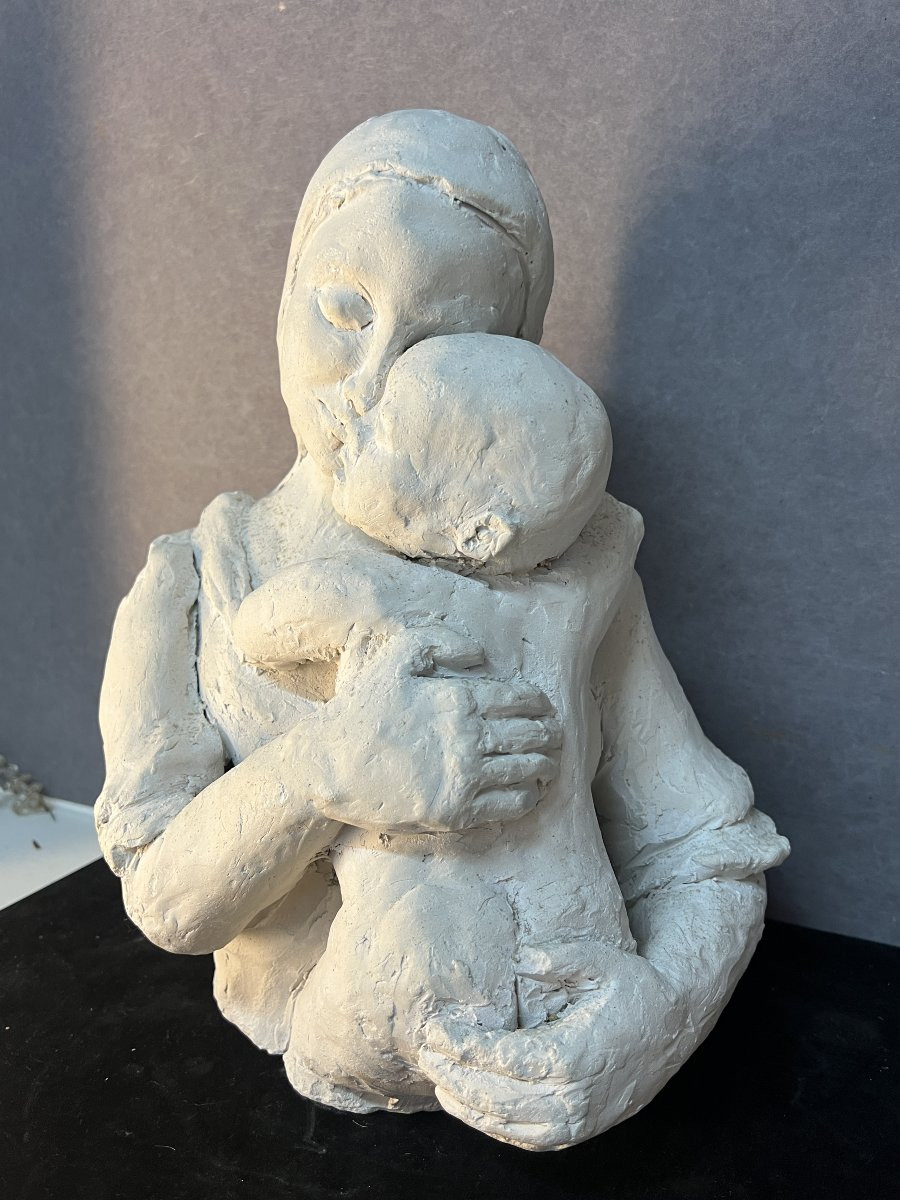 Paul Belmondo ( 1998-1982 ) sculpture en plâtre d'une femme à l'enfant, 33,5 cm-photo-3