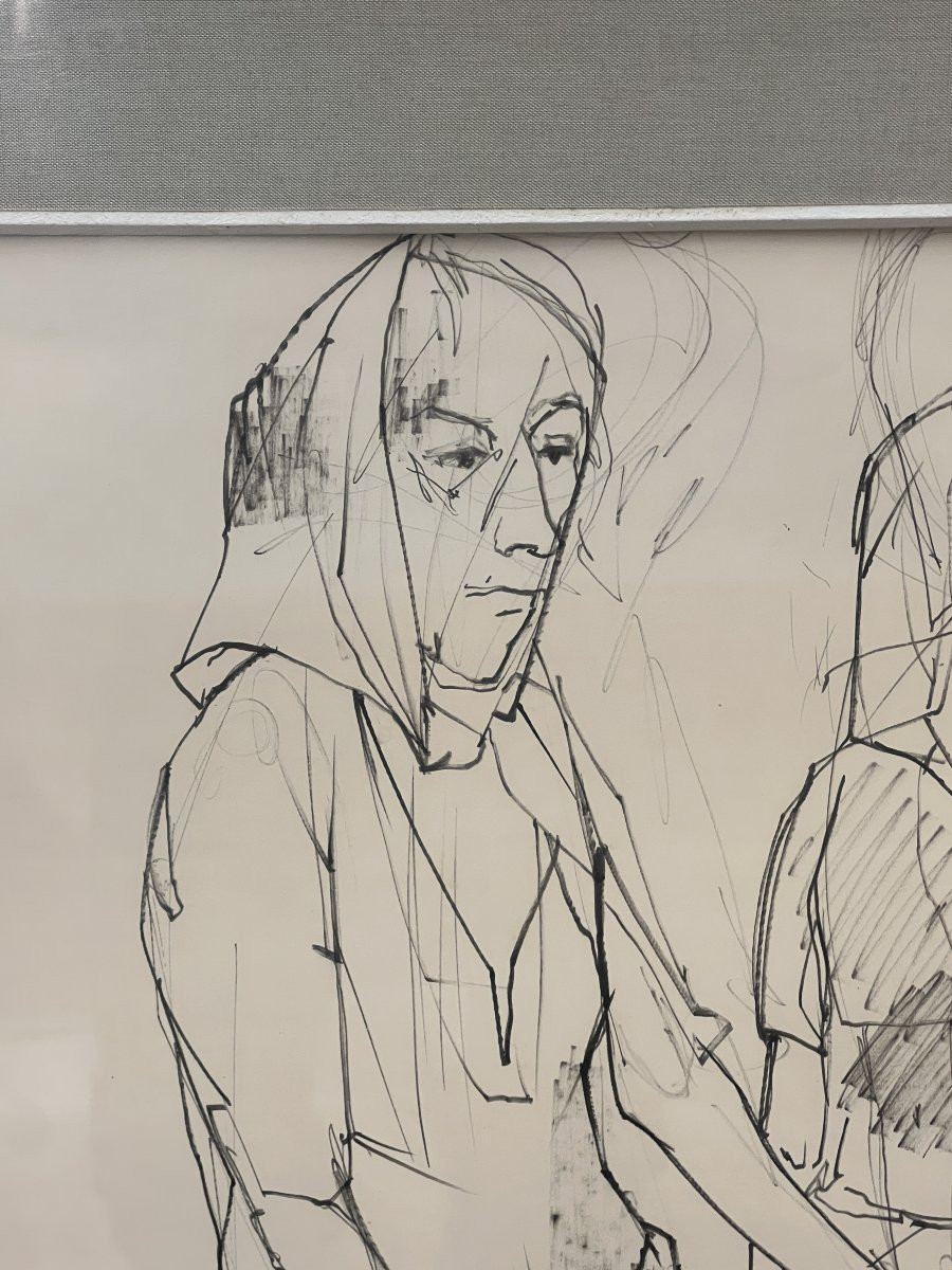 Large Ink Drawing By Jean Jansem, Depicting A Group Of Female Figures-photo-3