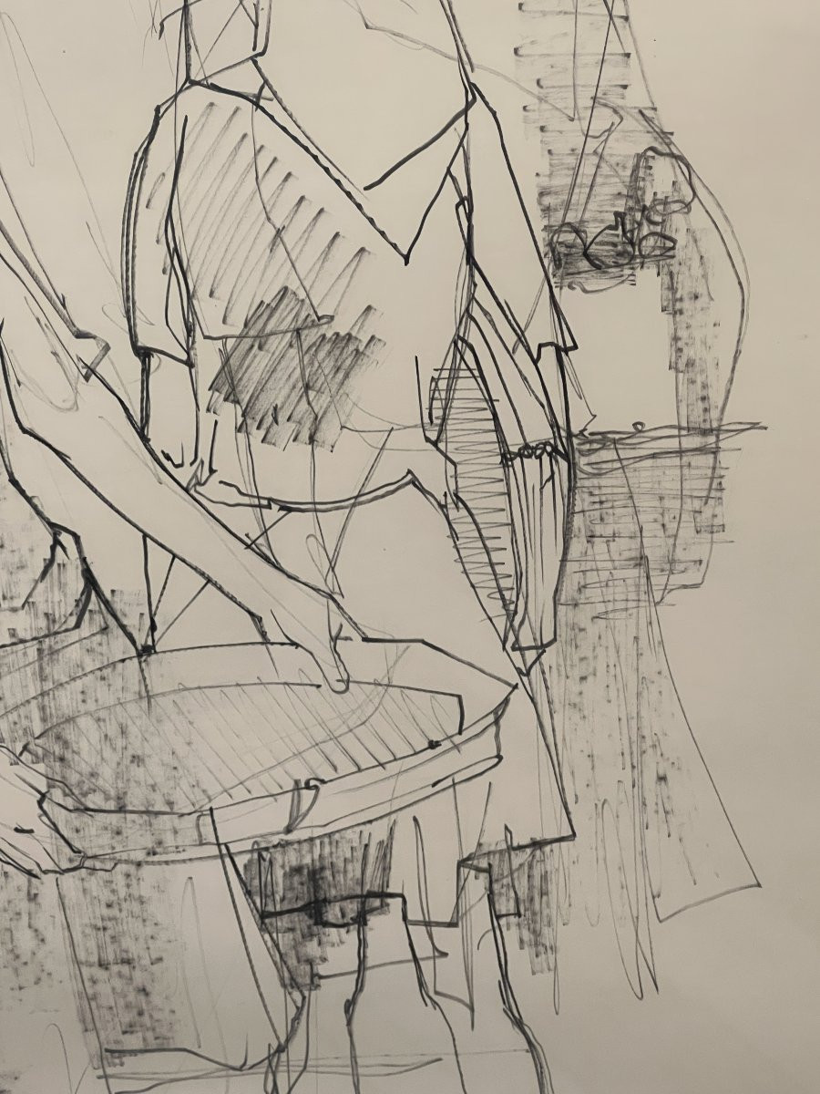 Large Ink Drawing By Jean Jansem, Depicting A Group Of Female Figures-photo-3