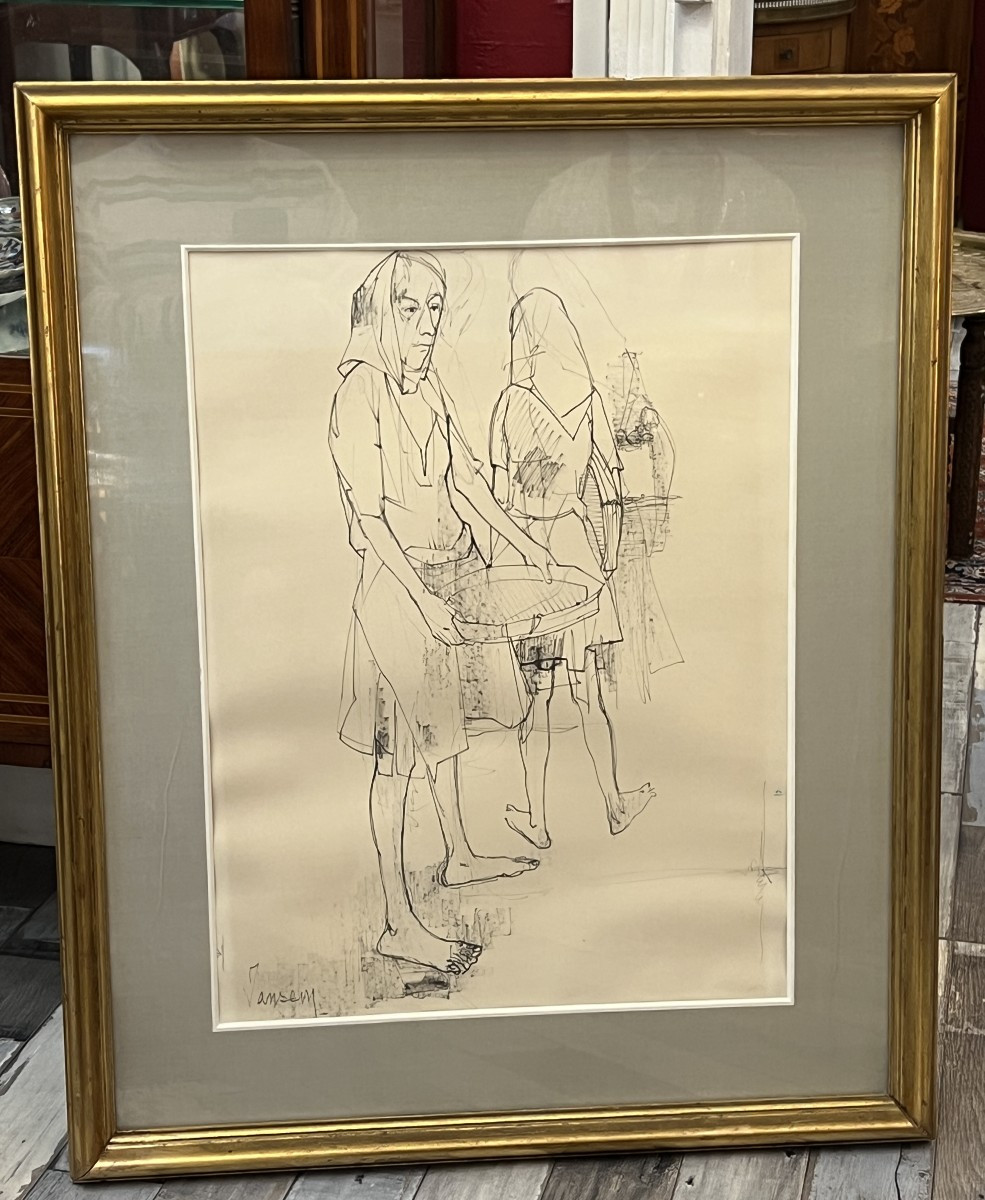 Large Ink Drawing By Jean Jansem, Depicting A Group Of Female Figures