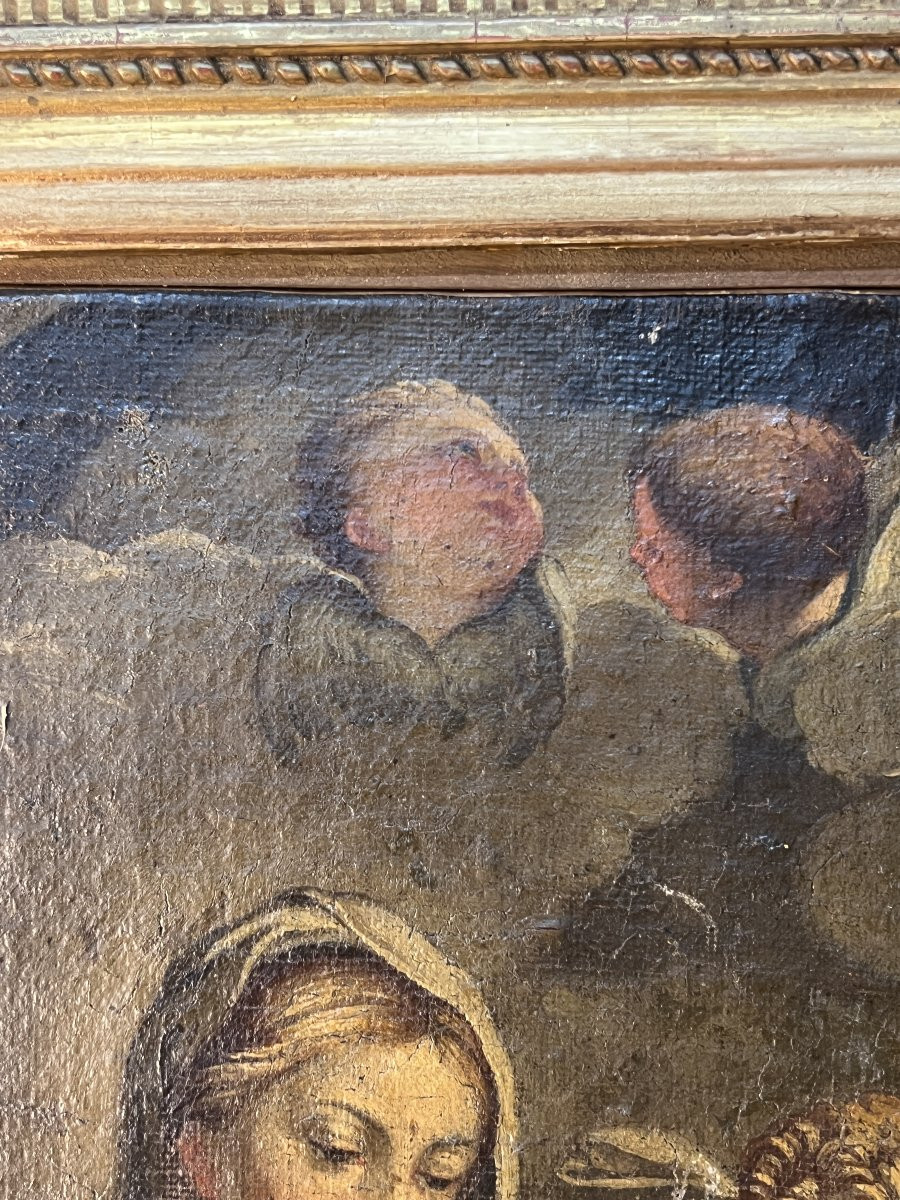 Tableau religieux du XVIIIe siècle, Vierge, enfant Jésus accompagnés d'anges, Cadre bois doré-photo-2