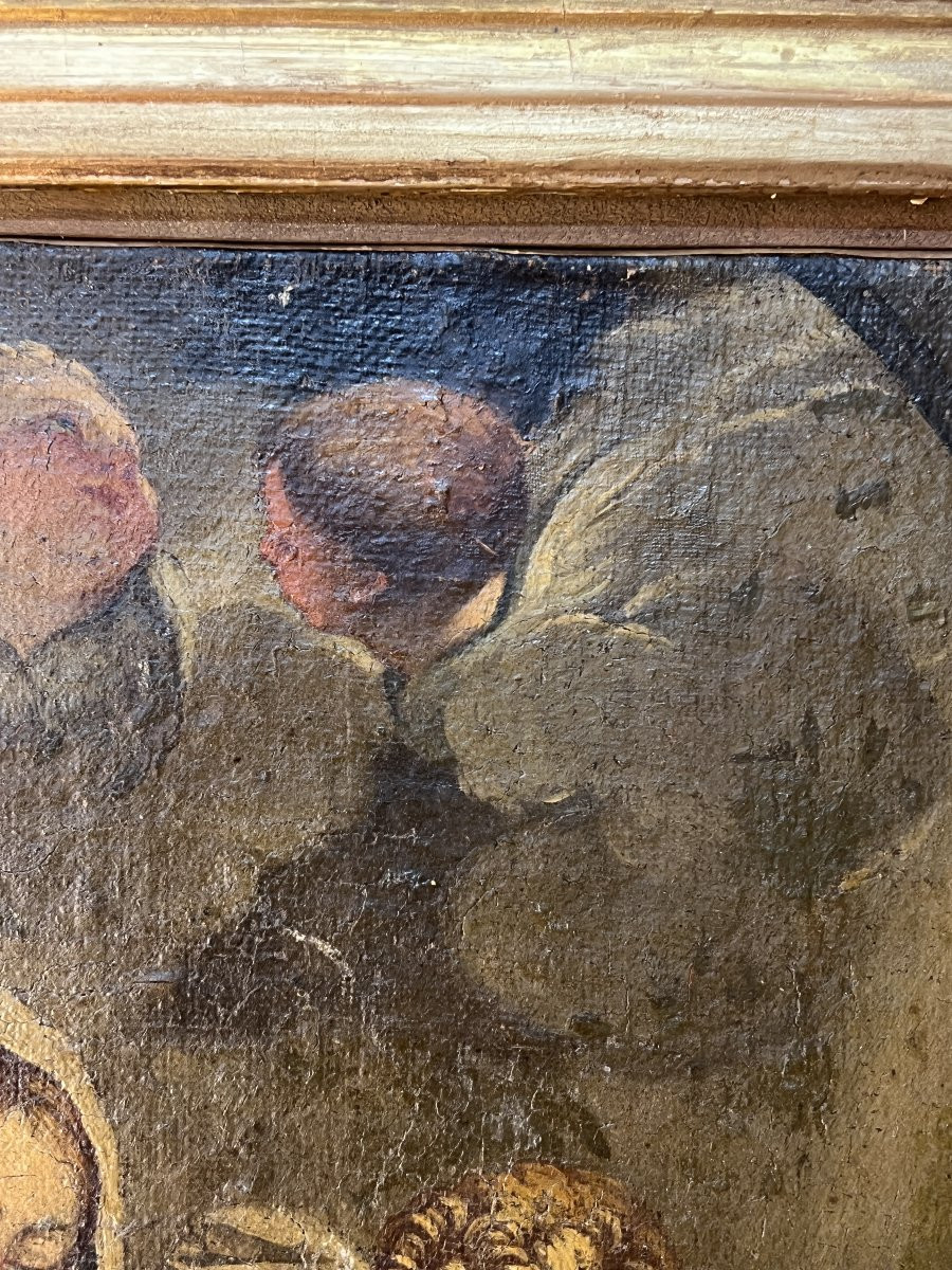 Tableau religieux du XVIIIe siècle, Vierge, enfant Jésus accompagnés d'anges, Cadre bois doré-photo-3