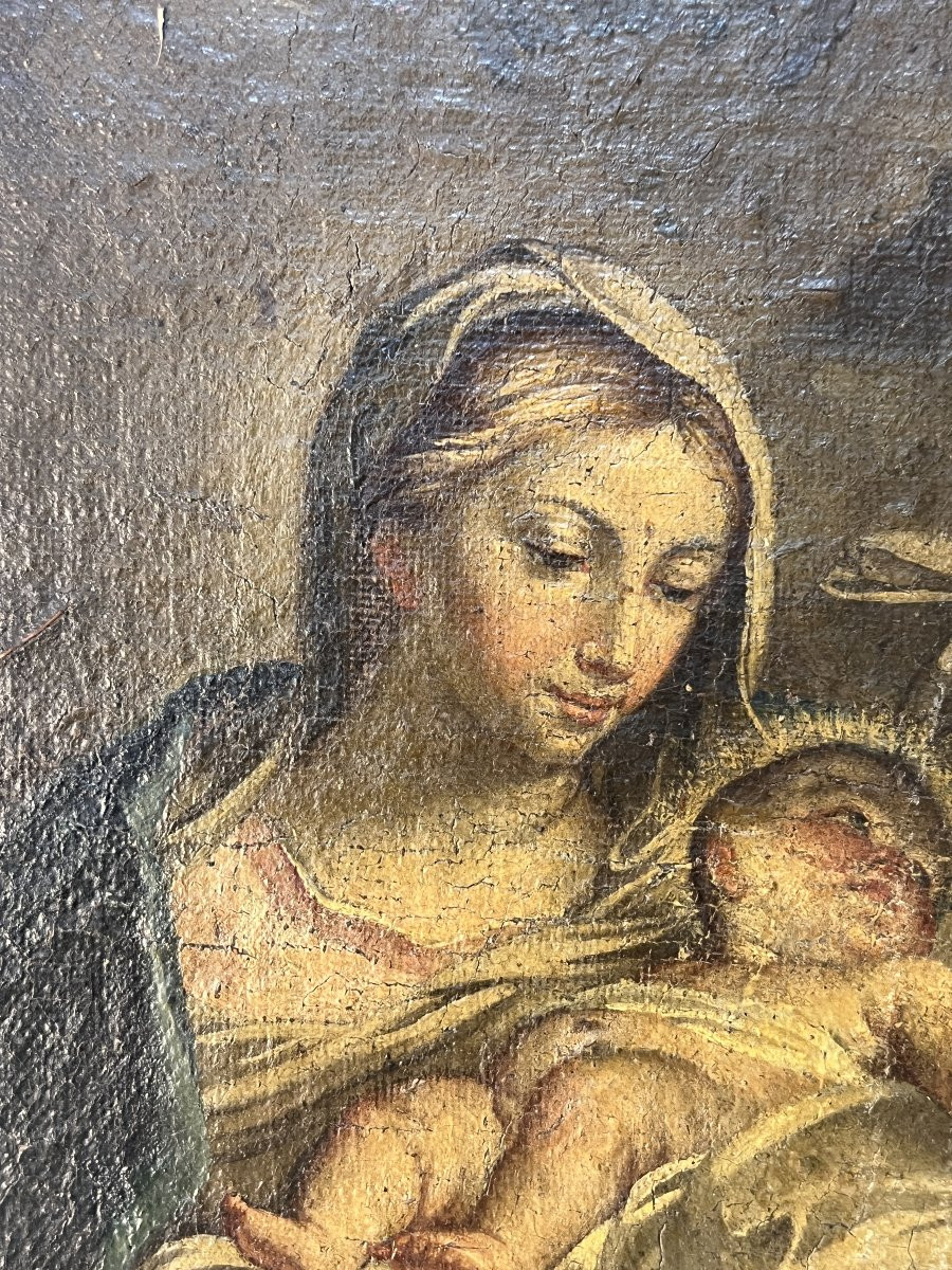 Tableau religieux du XVIIIe siècle, Vierge, enfant Jésus accompagnés d'anges, Cadre bois doré-photo-4