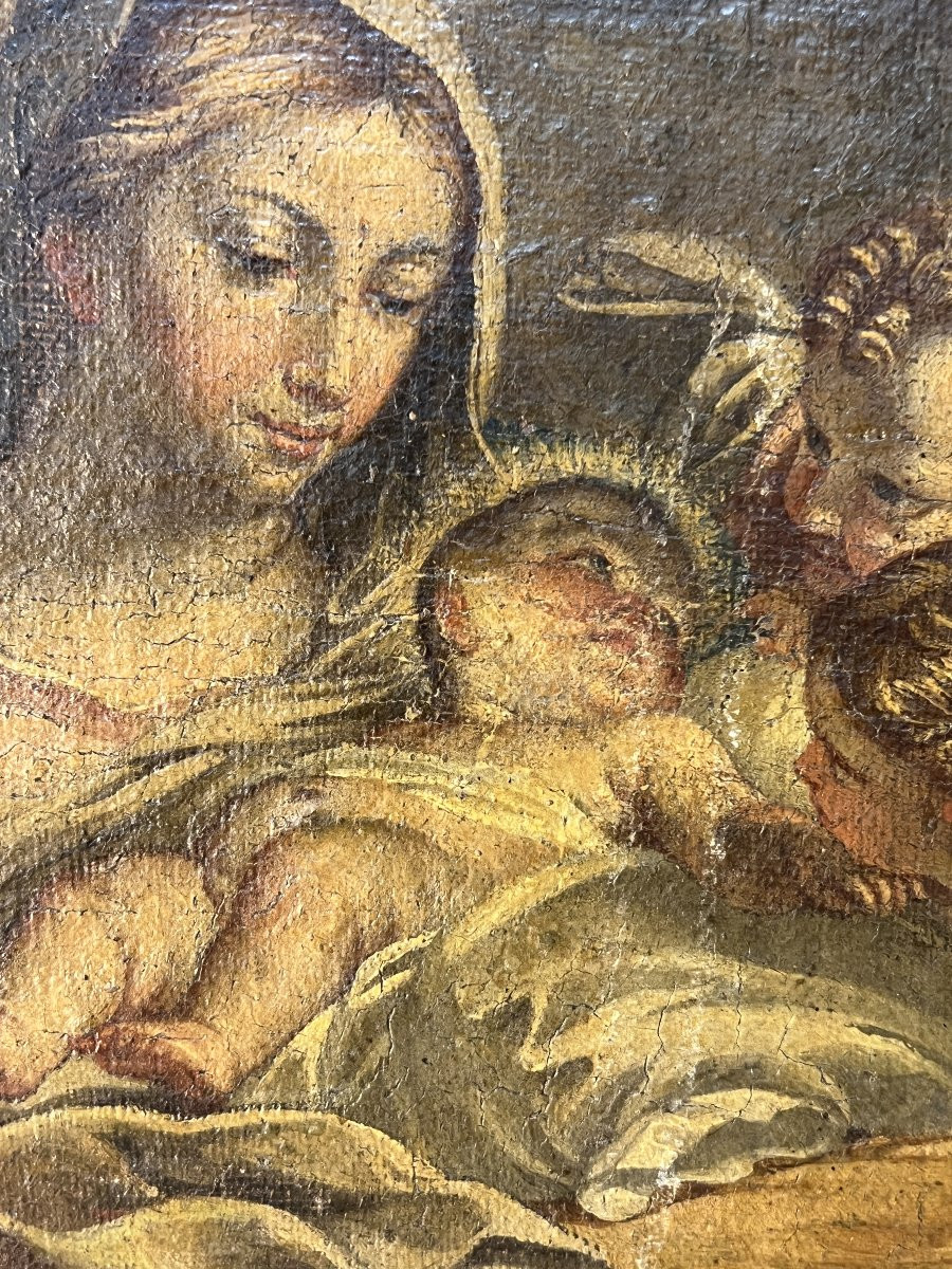 Tableau religieux du XVIIIe siècle, Vierge, enfant Jésus accompagnés d'anges, Cadre bois doré-photo-1