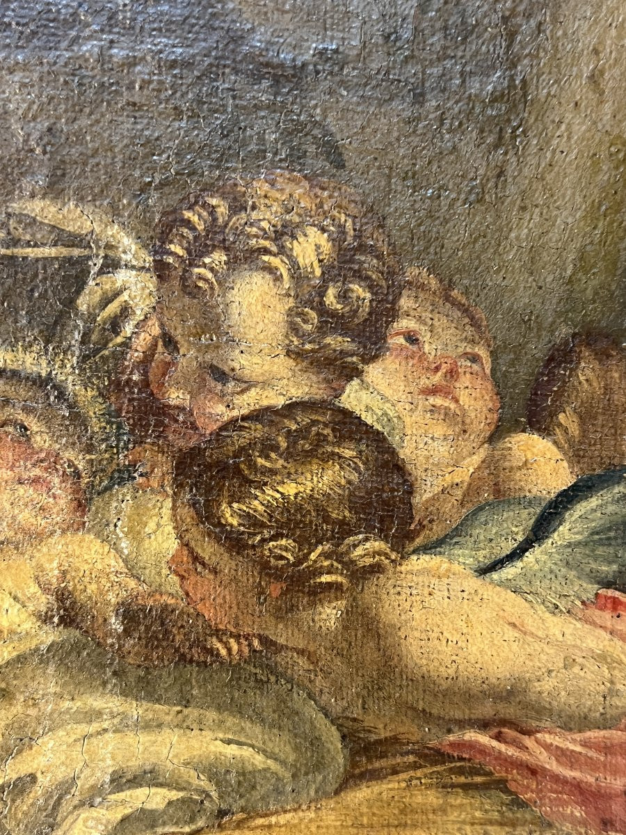 Tableau religieux du XVIIIe siècle, Vierge, enfant Jésus accompagnés d'anges, Cadre bois doré-photo-2