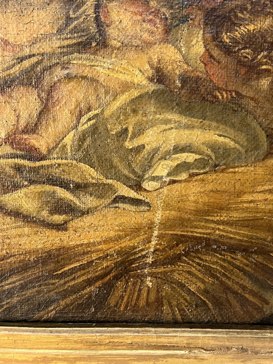 Tableau religieux du XVIIIe siècle, Vierge, enfant Jésus accompagnés d'anges, Cadre bois doré-photo-4