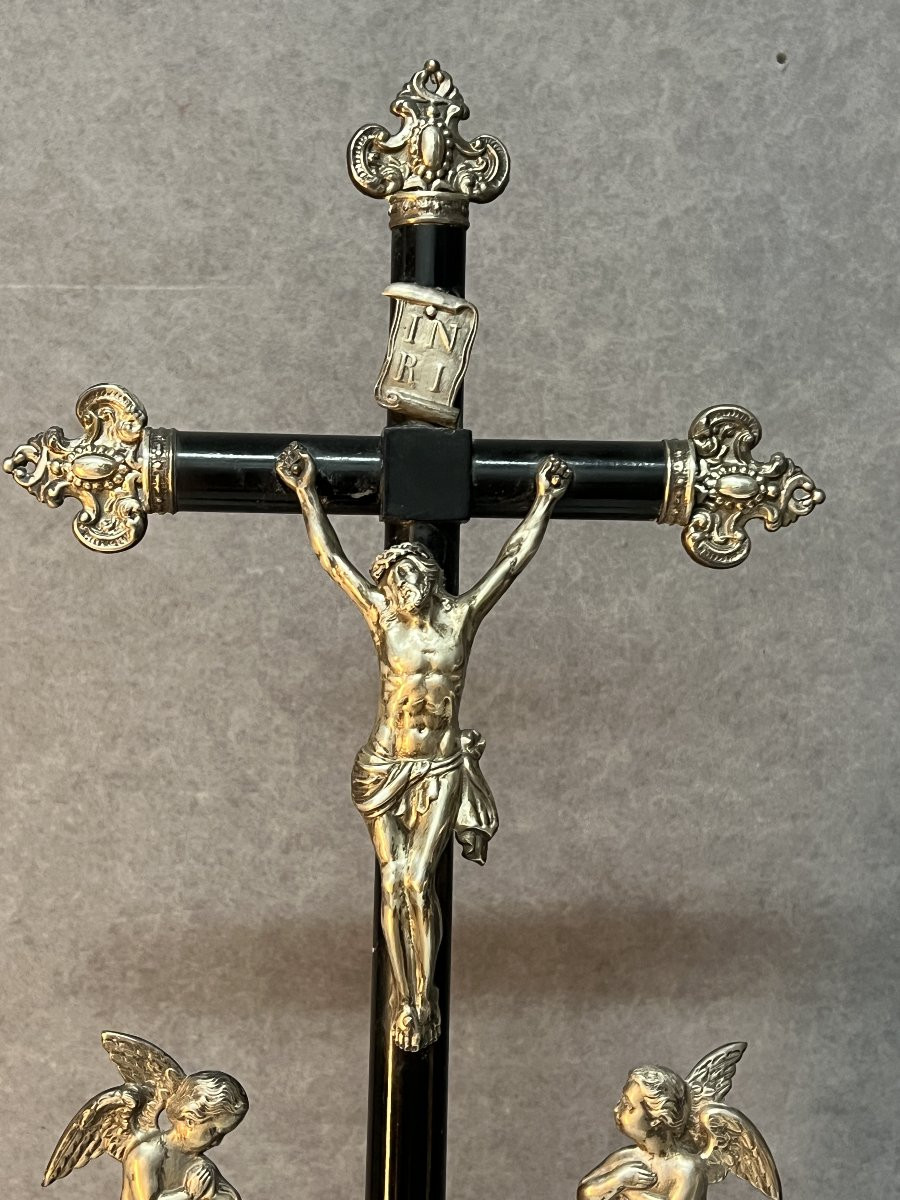 Crucifix In Blackened Wood And Solid Silver Under A Glass Dome, 19th Century, H 63 Cm-photo-3