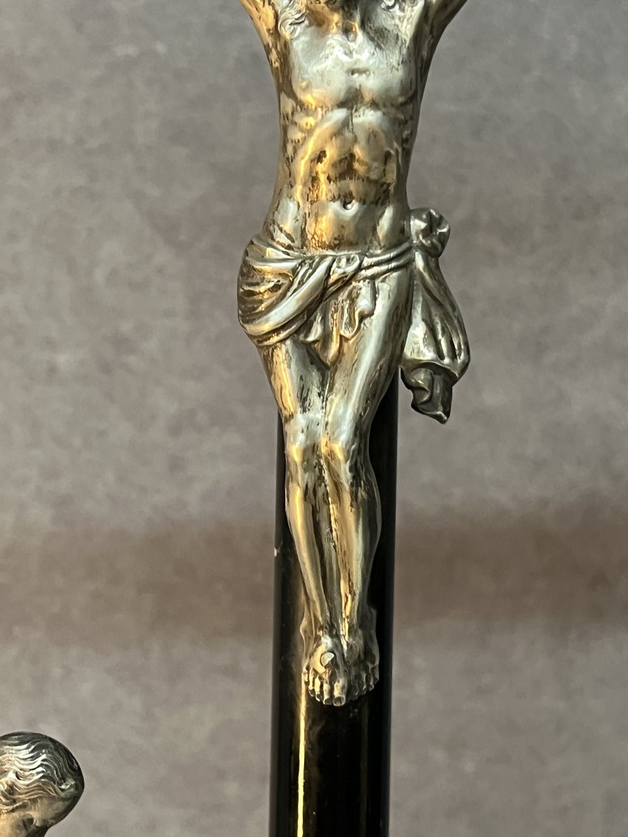 Crucifix In Blackened Wood And Solid Silver Under A Glass Dome, 19th Century, H 63 Cm-photo-2
