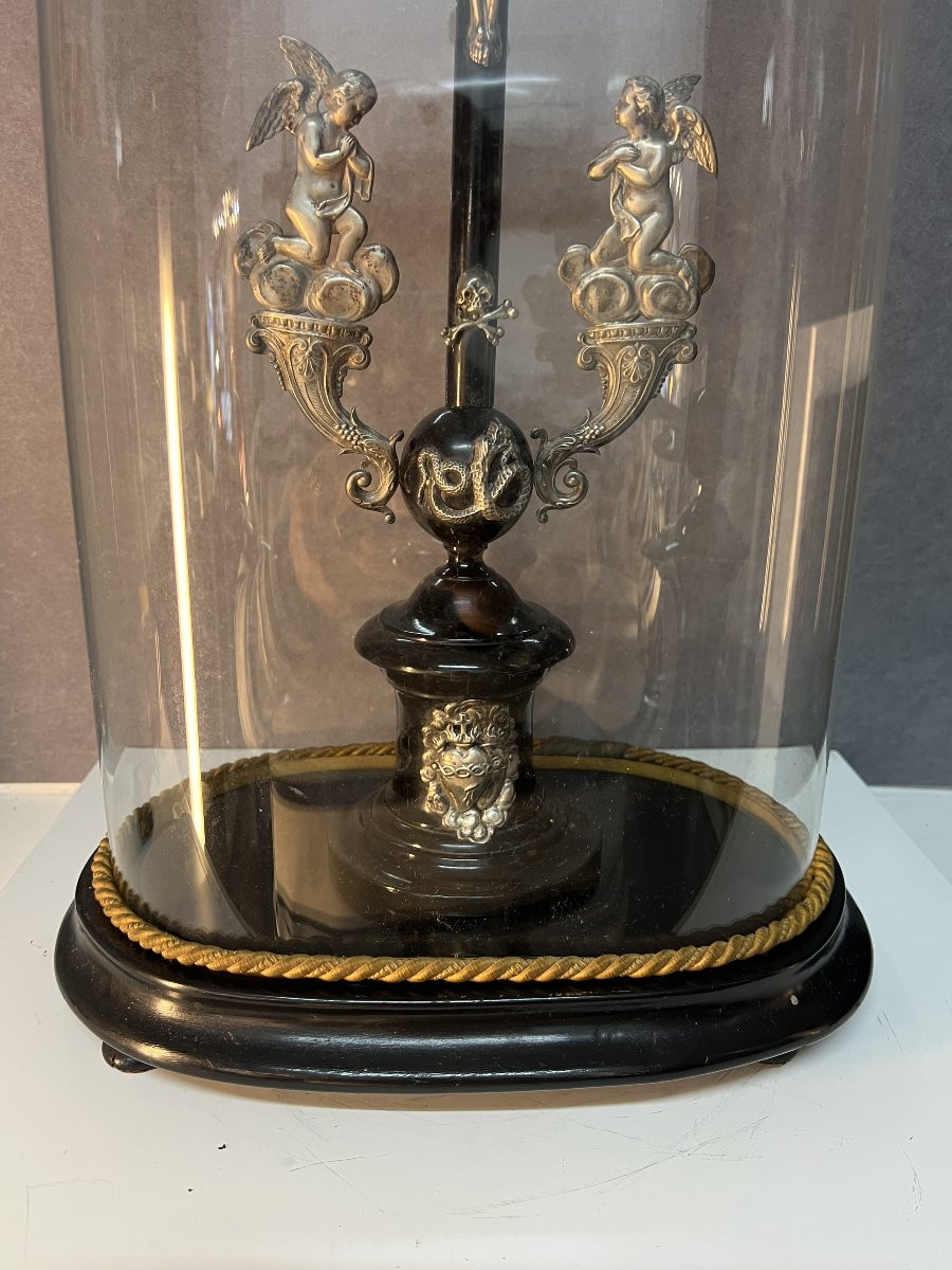 Crucifix In Blackened Wood And Solid Silver Under A Glass Dome, 19th Century, H 63 Cm-photo-8