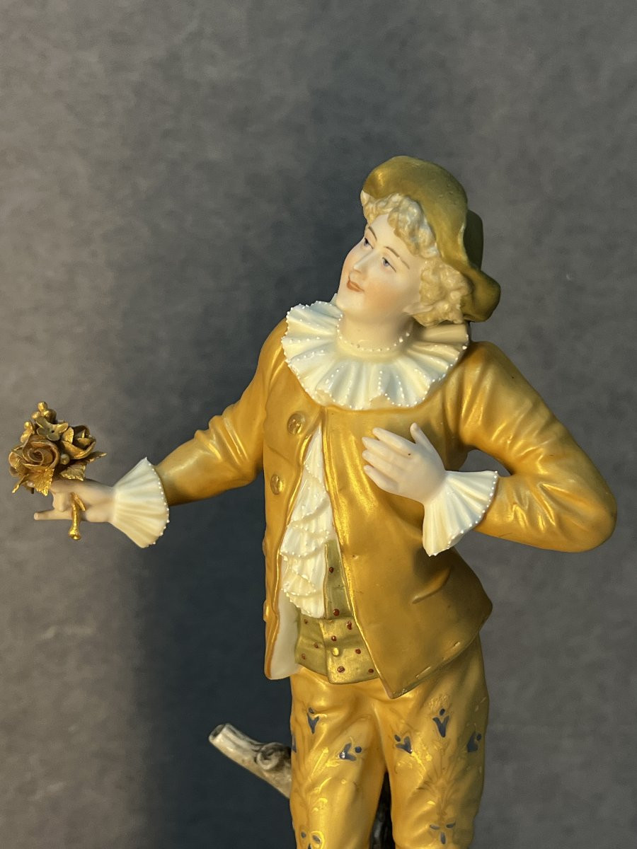 Pair Of Statuettes Depicting A Romantic Scene, In Polychrome Biscuit Porcelain, 19th Century Gilding-photo-2