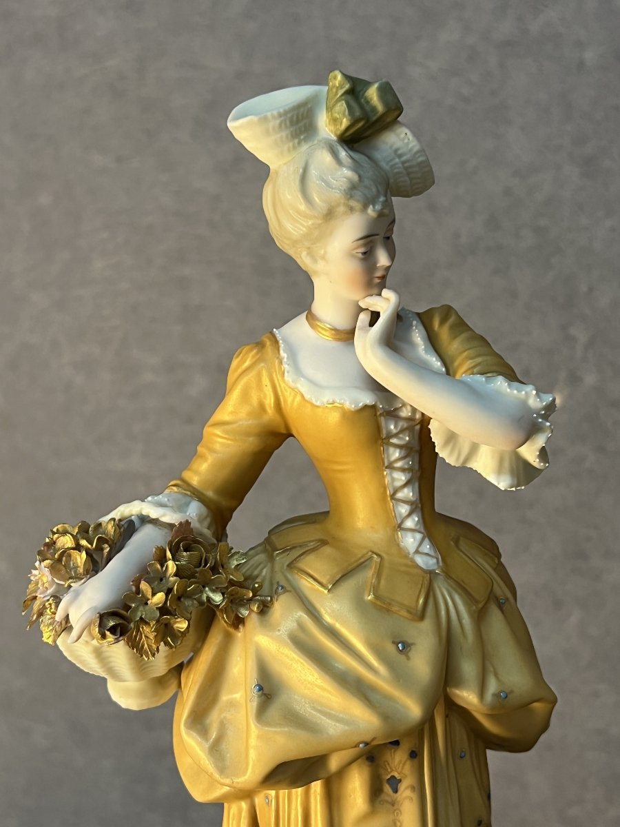Pair Of Statuettes Depicting A Romantic Scene, In Polychrome Biscuit Porcelain, 19th Century Gilding-photo-3