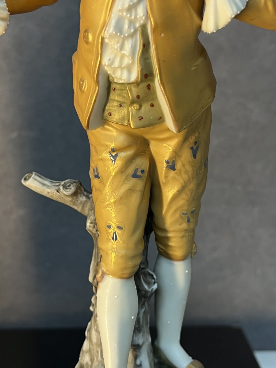 Pair Of Statuettes Depicting A Romantic Scene, In Polychrome Biscuit Porcelain, 19th Century Gilding-photo-1