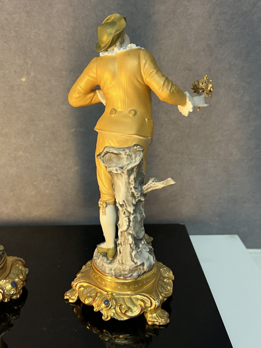 Pair Of Statuettes Depicting A Romantic Scene, In Polychrome Biscuit Porcelain, 19th Century Gilding-photo-3
