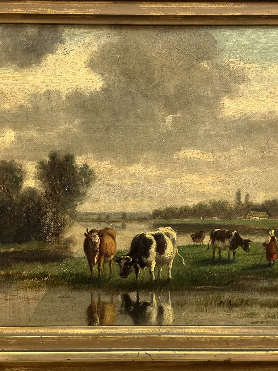 Léon Jules Lemaitre (1850-1905) Huile sur panneau représentant des vaches dans prairie, de 1872-photo-2