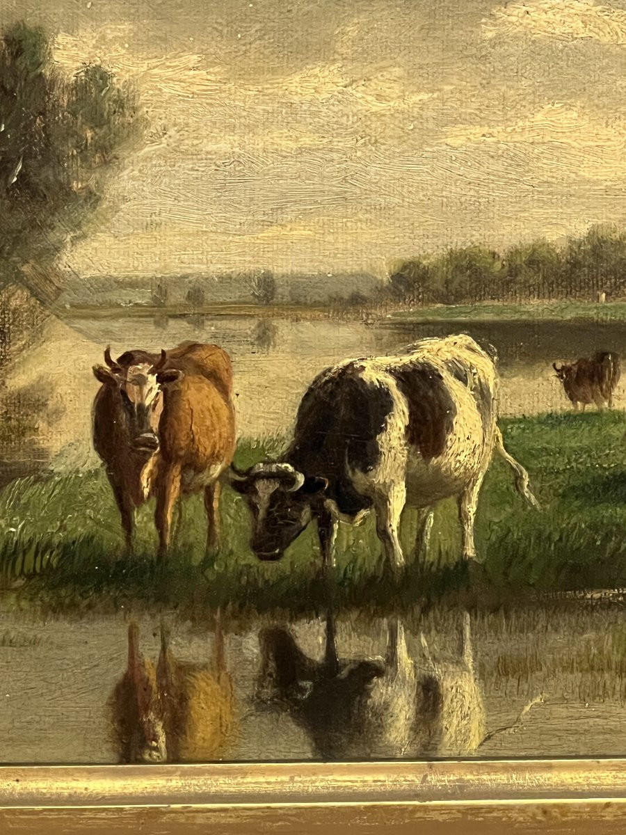 Léon Jules Lemaitre (1850-1905) Huile sur panneau représentant des vaches dans prairie, de 1872-photo-3