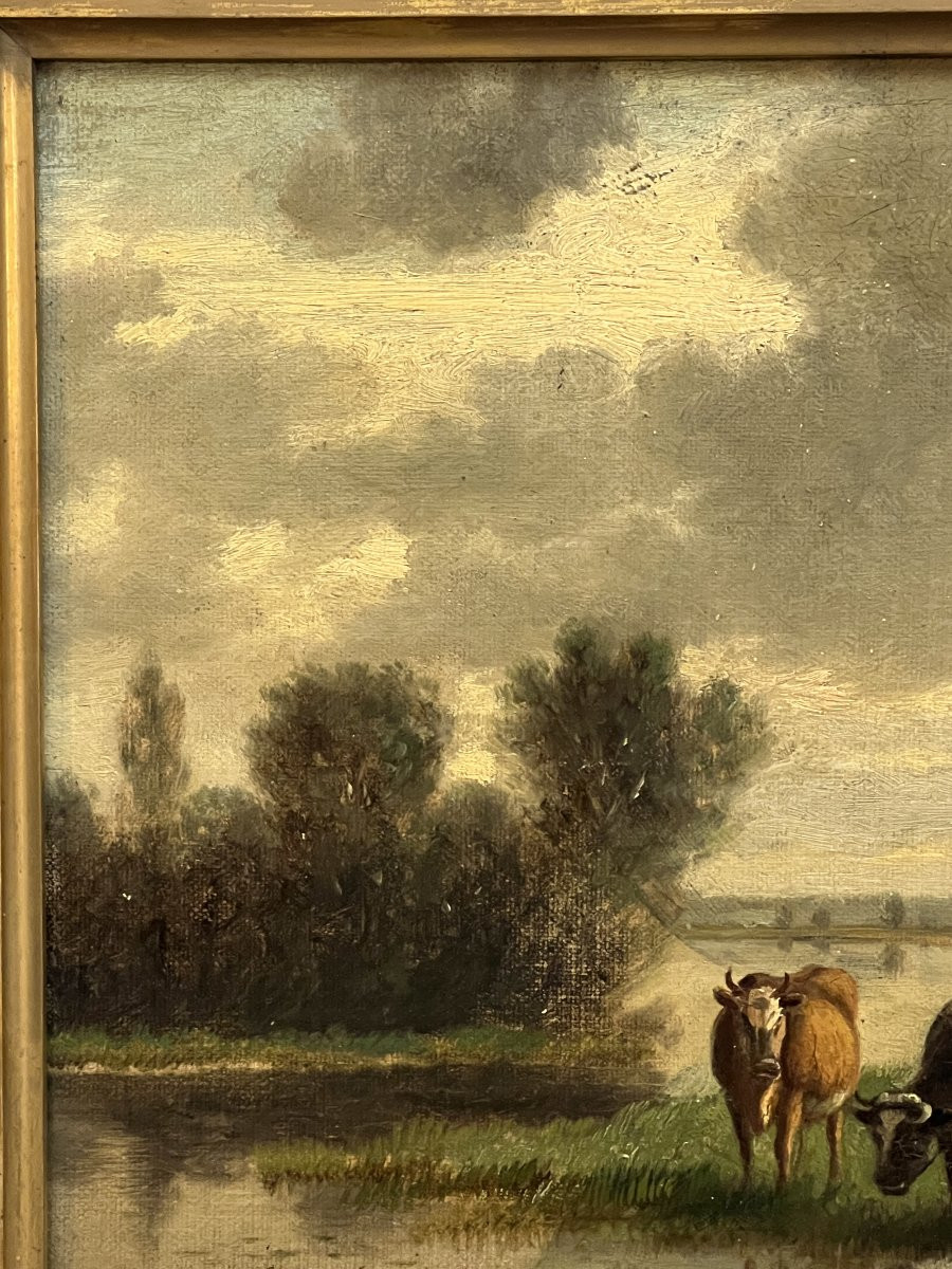 Léon Jules Lemaitre (1850-1905) Huile sur panneau représentant des vaches dans prairie, de 1872-photo-4