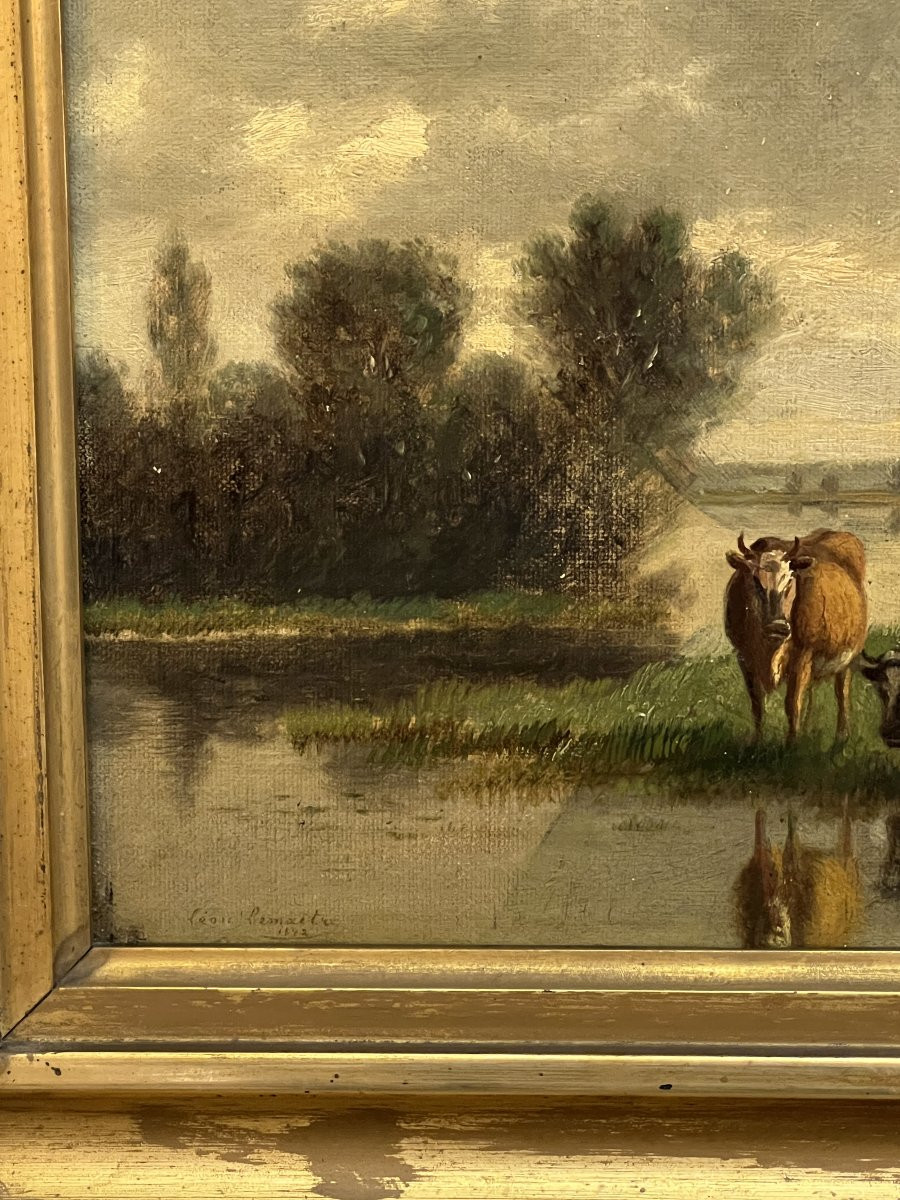 Léon Jules Lemaitre (1850-1905) Huile sur panneau représentant des vaches dans prairie, de 1872-photo-1