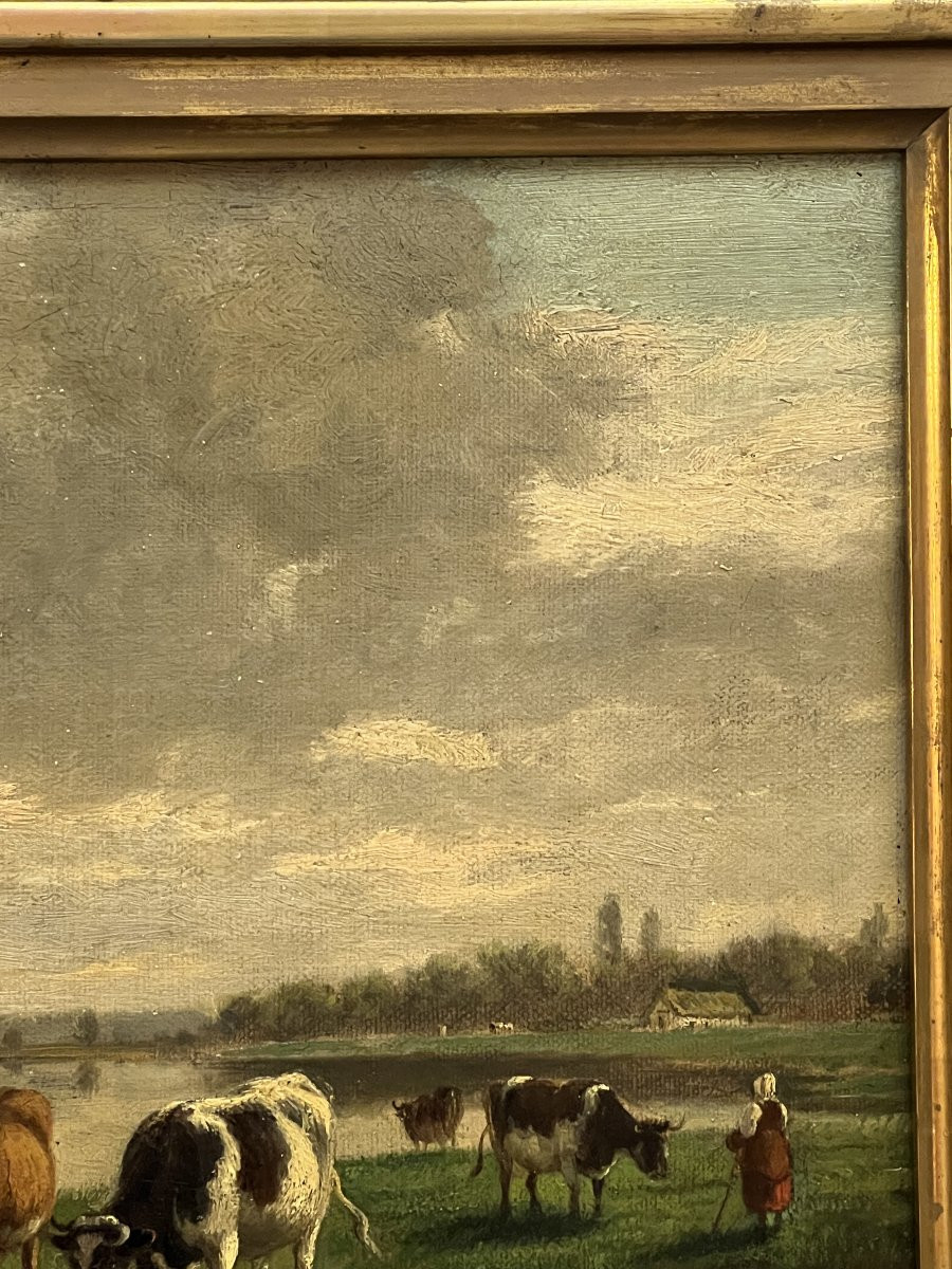 Léon Jules Lemaitre (1850-1905) Huile sur panneau représentant des vaches dans prairie, de 1872-photo-2